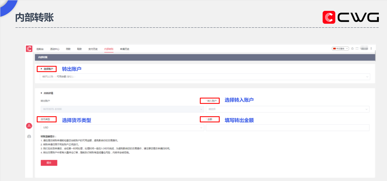 CWG Markets外汇平台出入金及内部转账流程详解