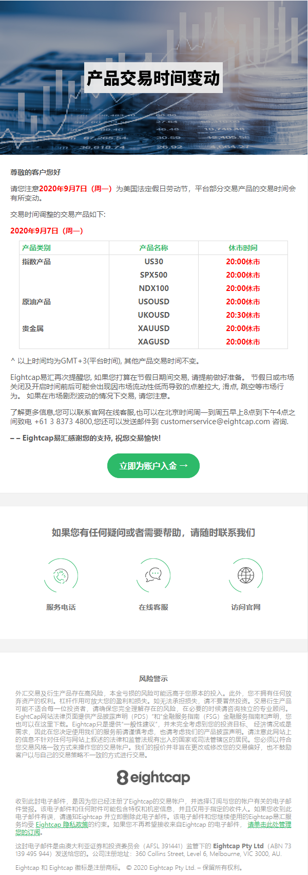 重要通知-Eightcap易汇2020年9月7日部分品种交易时间调整