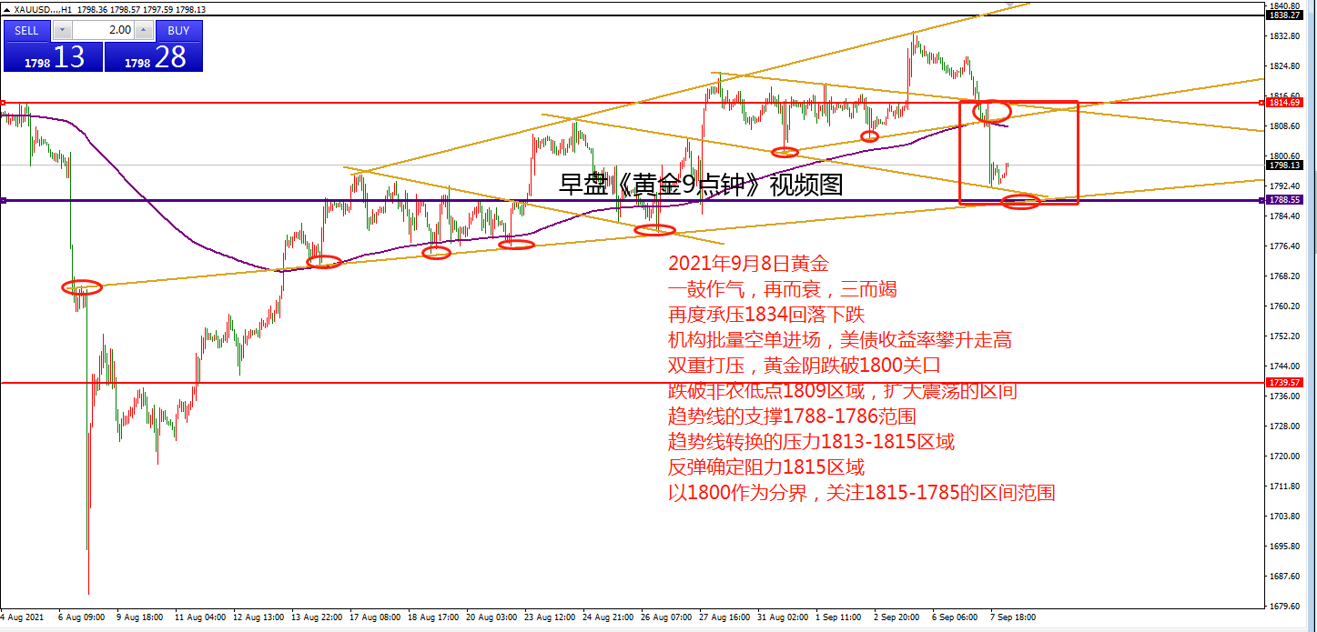 何小冰晚盘分析，黄金围绕1785-1815高空低多 09.08