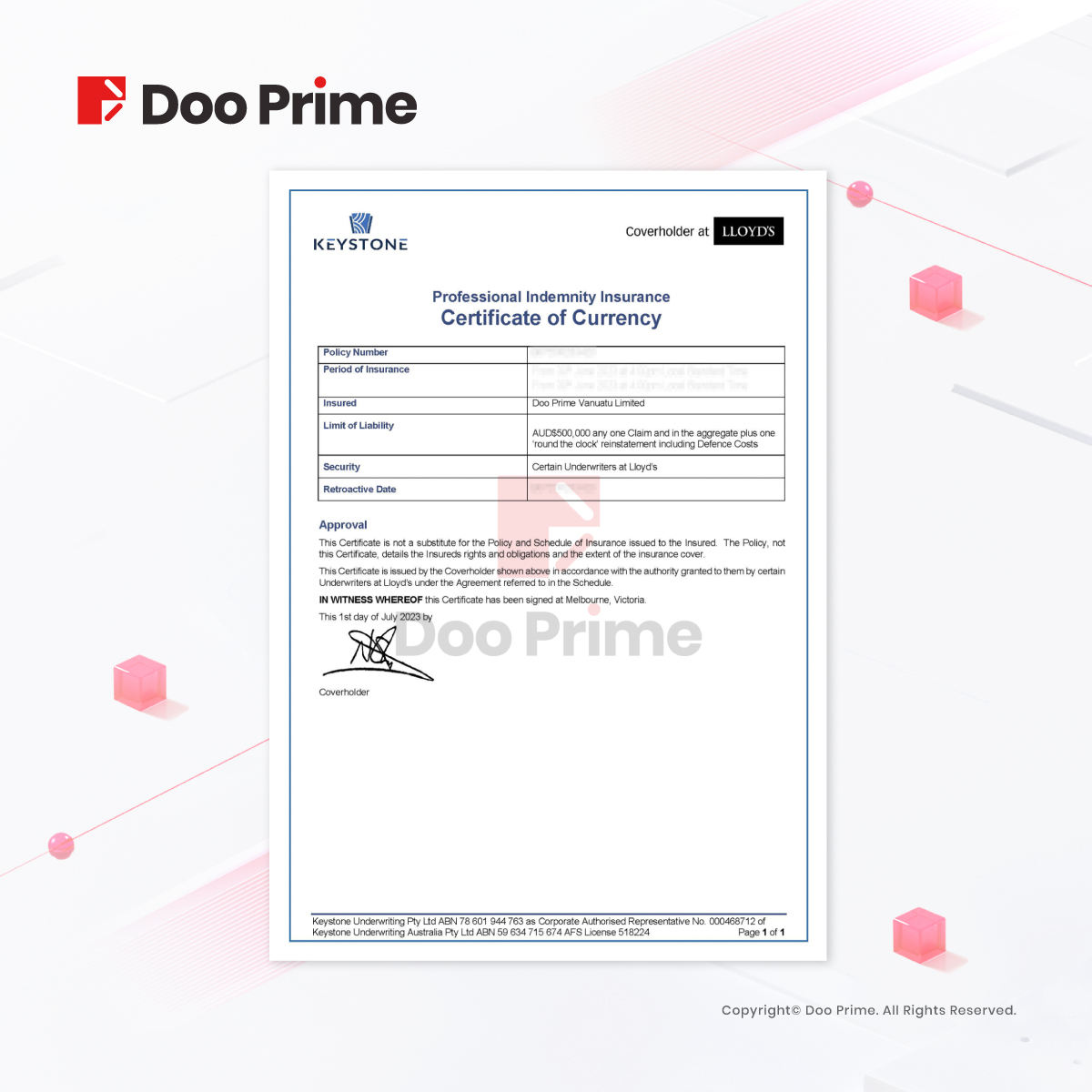 公司动态 | Doo Prime 续签专业责任赔偿保险（PII），长效守护客户权益 