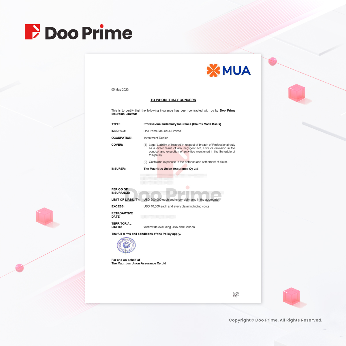 公司动态 | Doo Prime 续签专业责任赔偿保险（PII），长效守护客户权益 