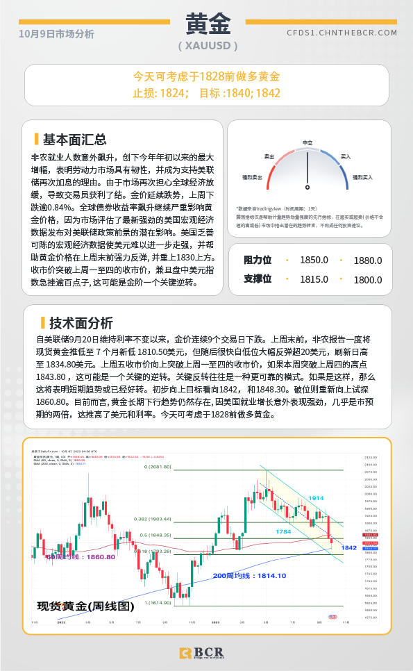 BCR每日早评及分析-2023年10月9日