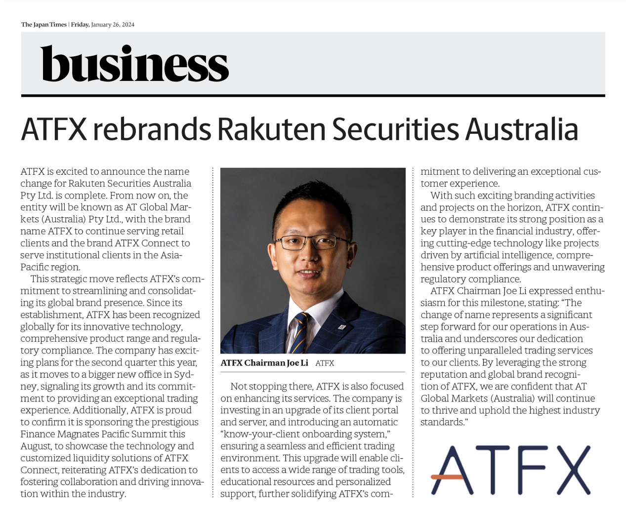 ATFX荣登《日本时报》：全球金融市场的璀璨明星