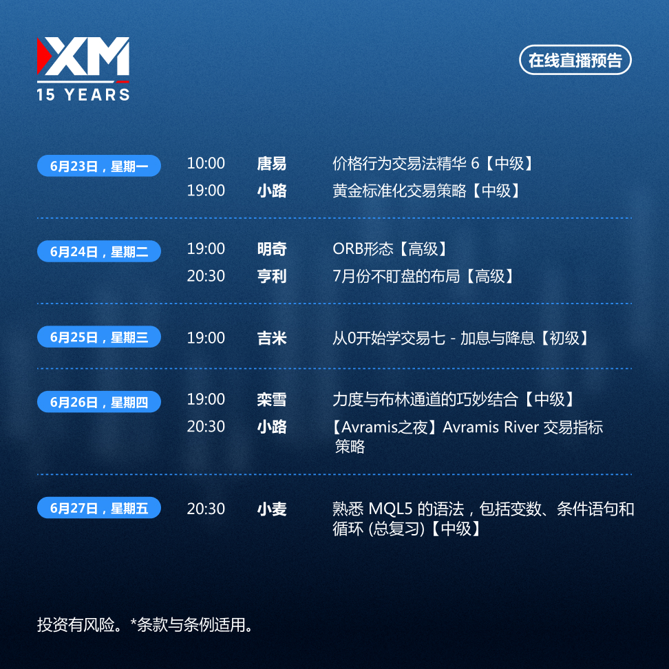 |XM| 中文在线直播讲座，本周预告（6/23-6/27）